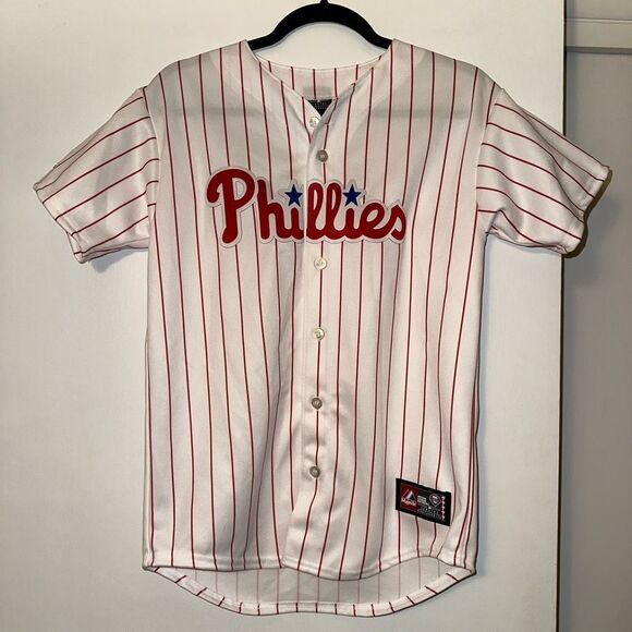 Majestic Philadelphia Phillies YOUTH Large Button Down Short Sleeve Jersey EUC - Picture 1 of 11